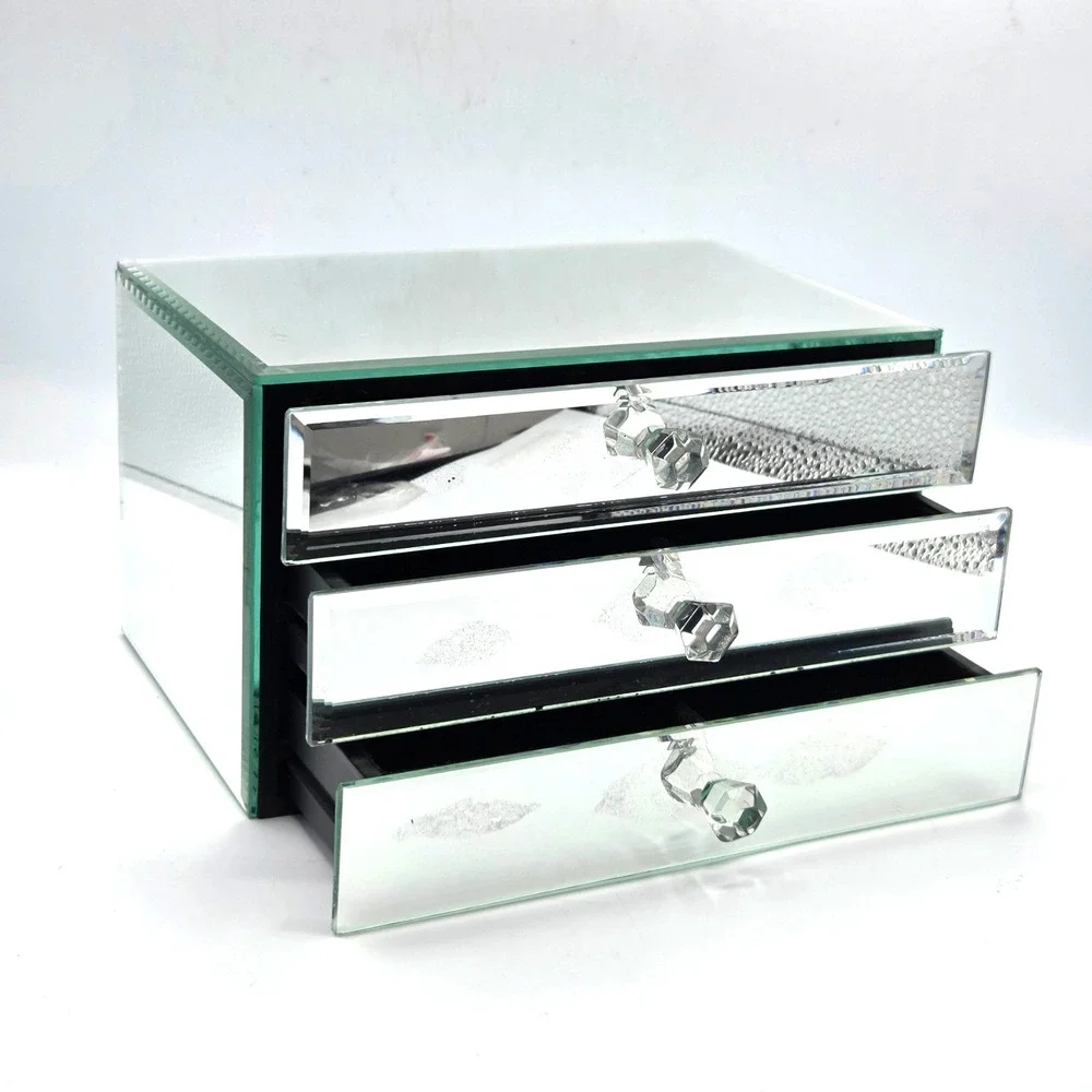 Mirrored Glass Jewelry Box 3 Drawer Black Velvet Lined 9x6x5.5